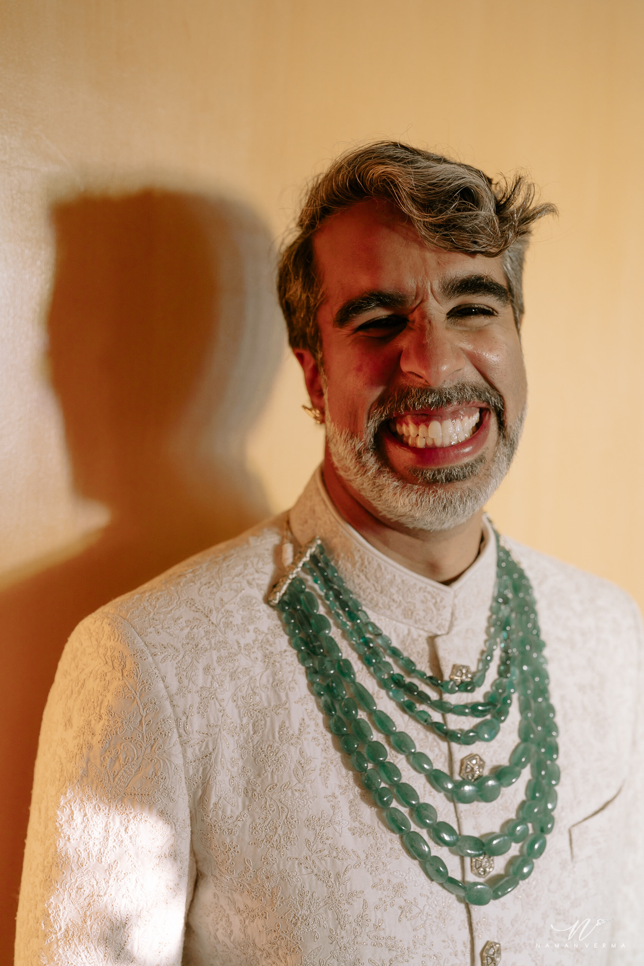 Kahran Singh laughing at his wedding in Jaisalmer